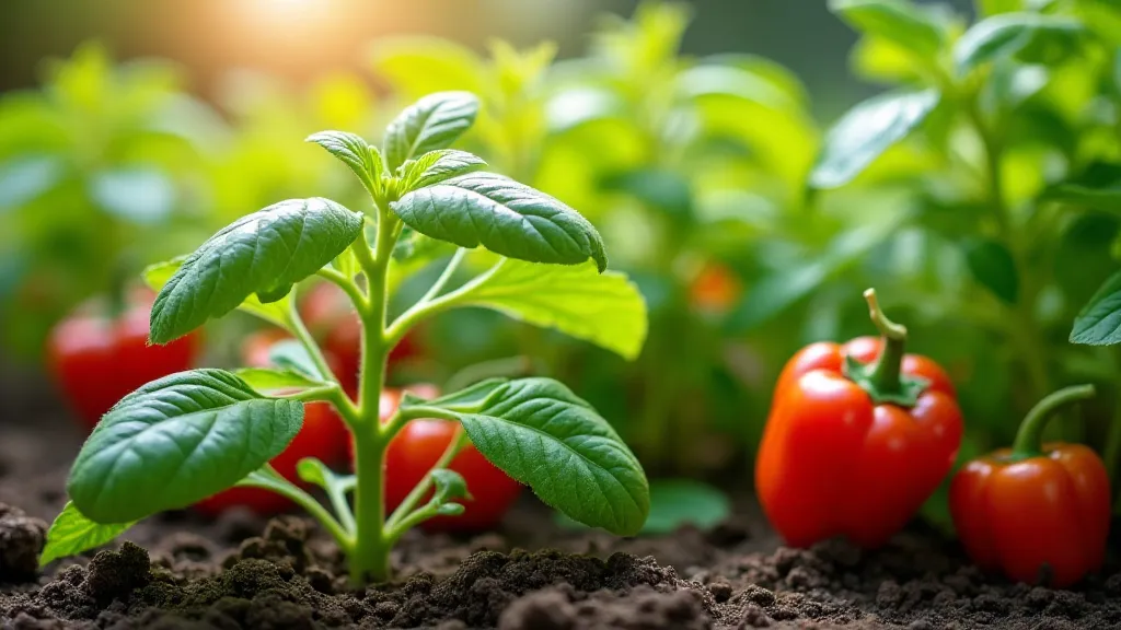 Basil plants growing next to pepper plants
