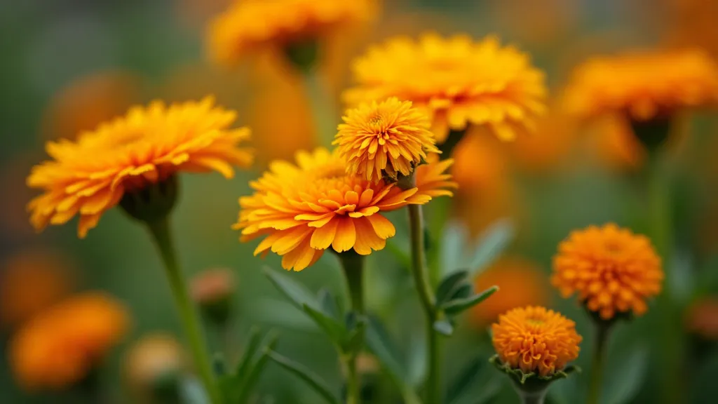 Orange Calendula flowers blooming around green pepper plants