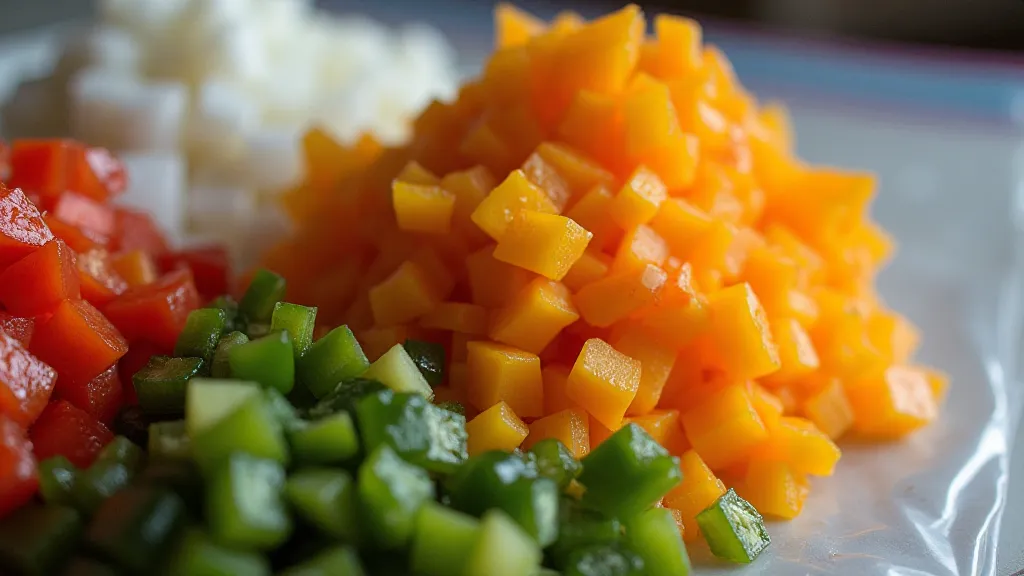 Chopped peppers ready for freezing