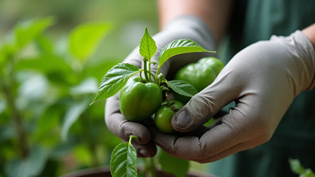 Gardener inspecting pepper plant