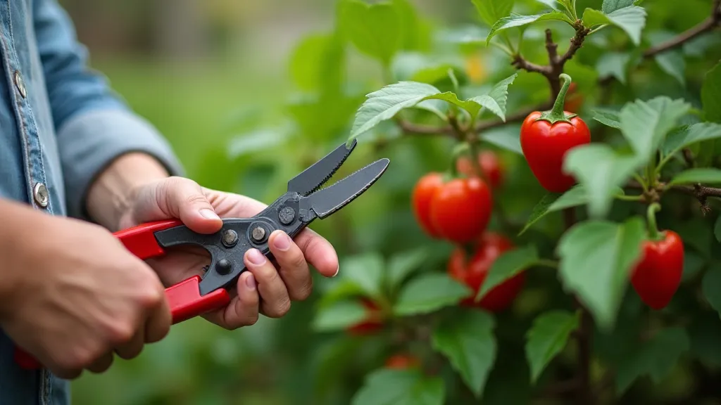 Gardener's hands holding pruning shears in a pepper garden