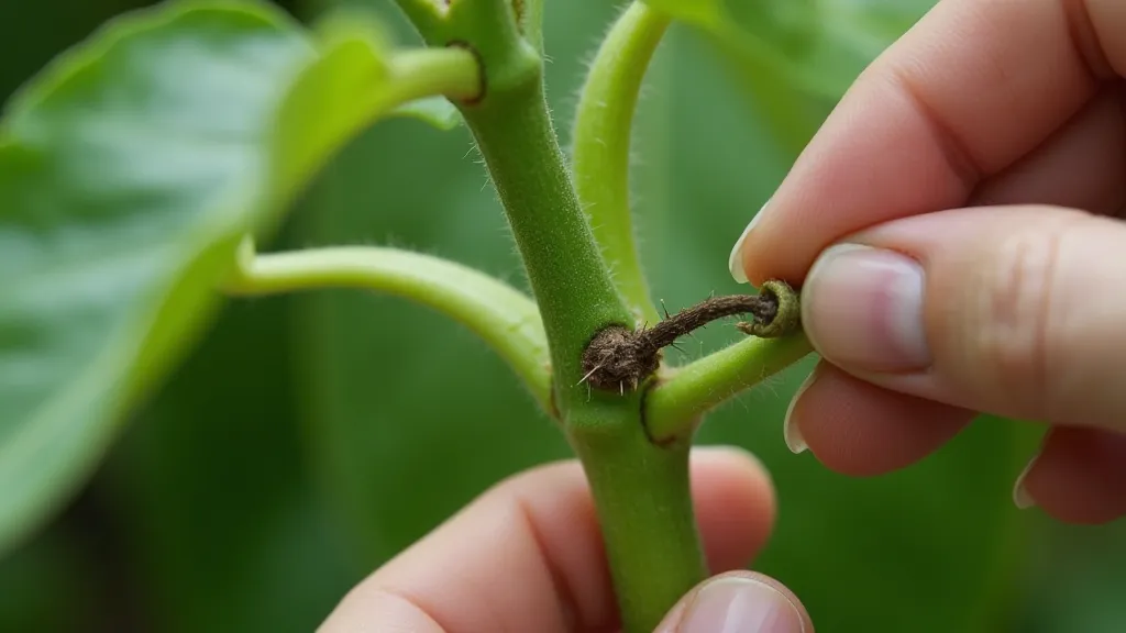 Gardener pruning a sucker from a pepper plant