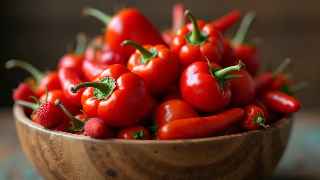 A bowl filled with vibrant red Scotch Bonnet peppers.