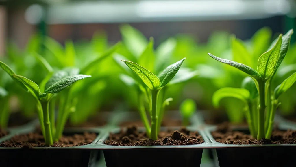 Pepper seedlings in trays under grow light