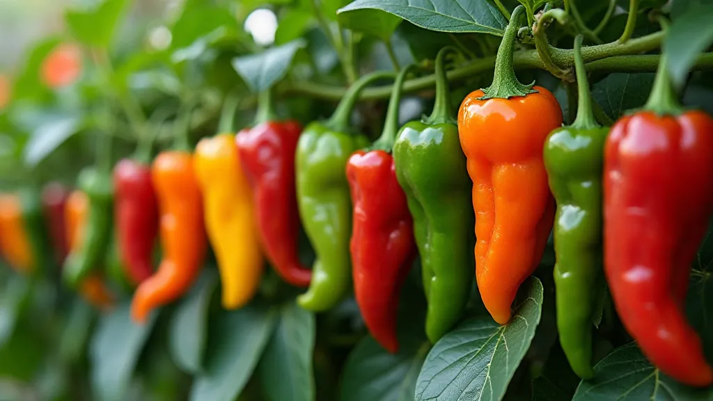 Variety of specialty peppers growing on plants