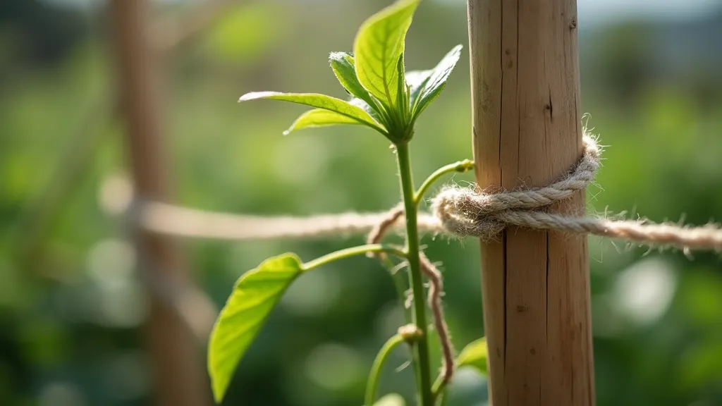Twine tying a plant stem to a stake