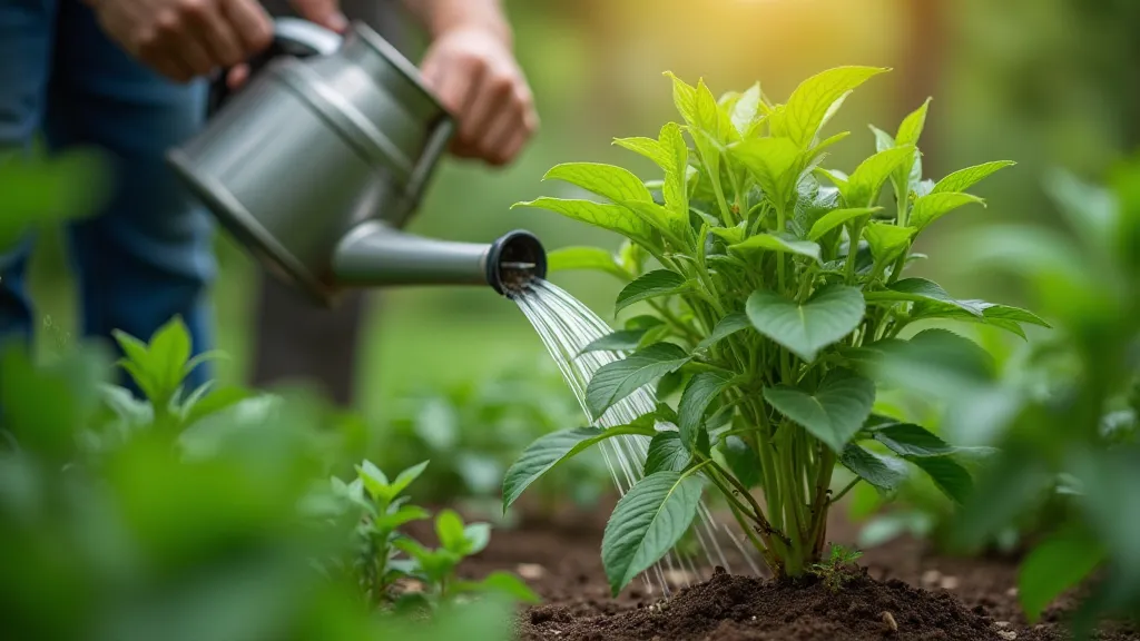 Gardener watering a young pepper plant